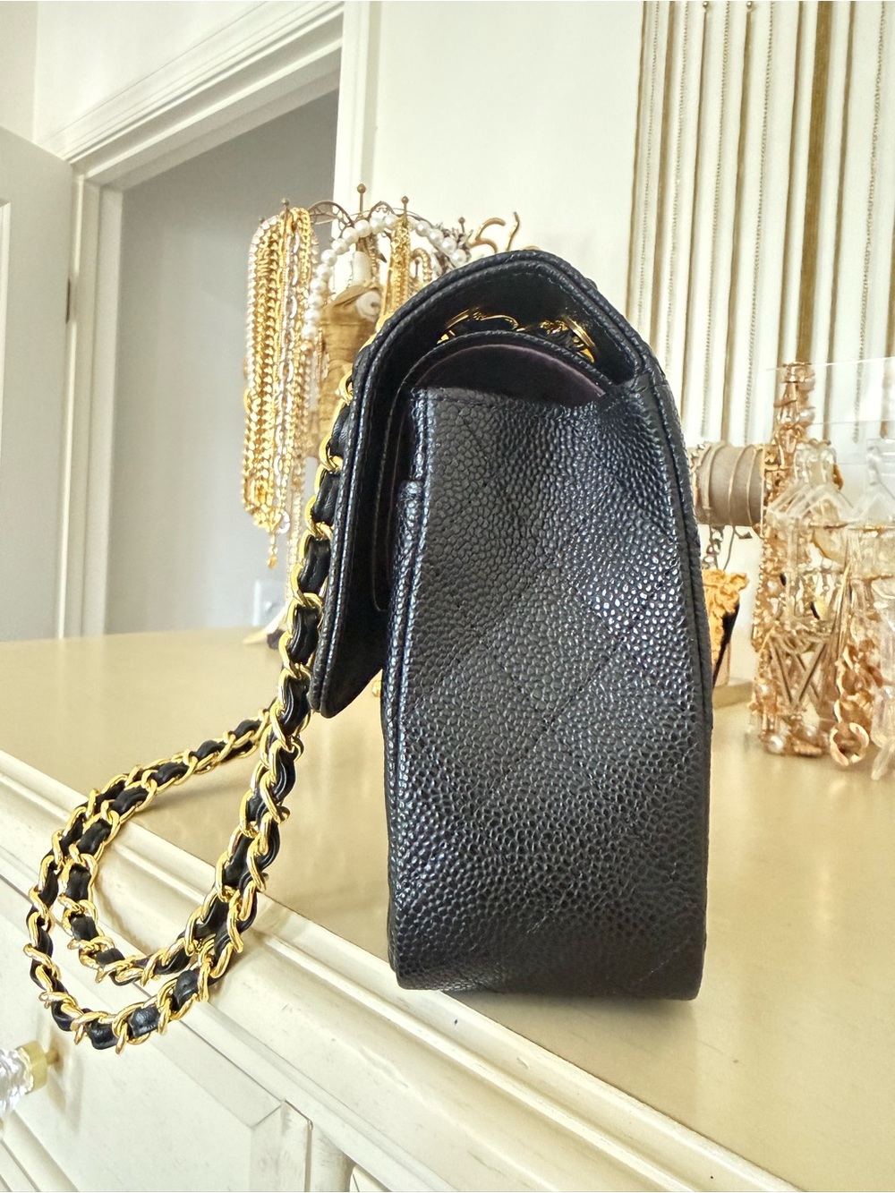 Black Quilted Caviar Leather Shoulder Bag with Shiny Gold Hardware - Picture 3 of 14